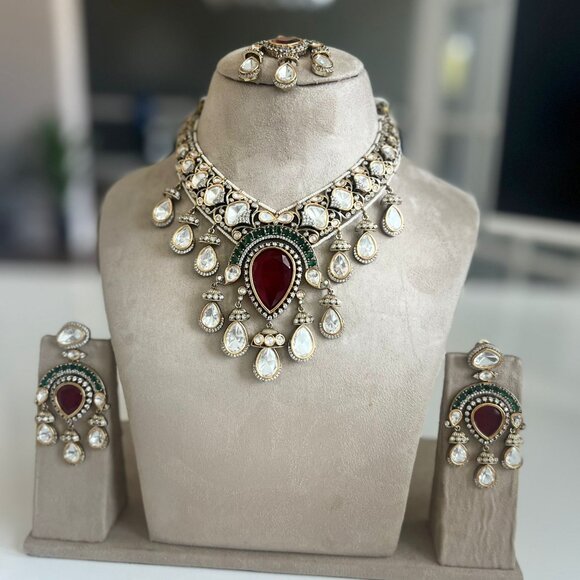 Victorian Polki Kundan Choker Necklace Set | Ruby Emerald Wedding Jewelry - Picture 3 of 15